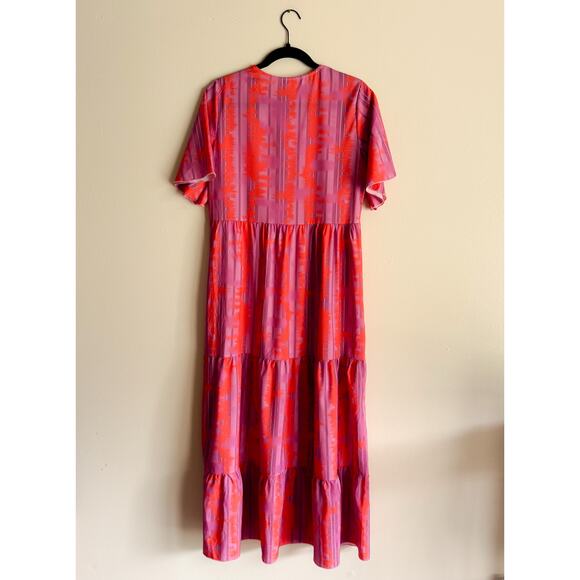 Pink + Purple Printed V Neck Short Sleeve Beachy Summery Tiered Maxi Dress Small - Picture 5 of 6